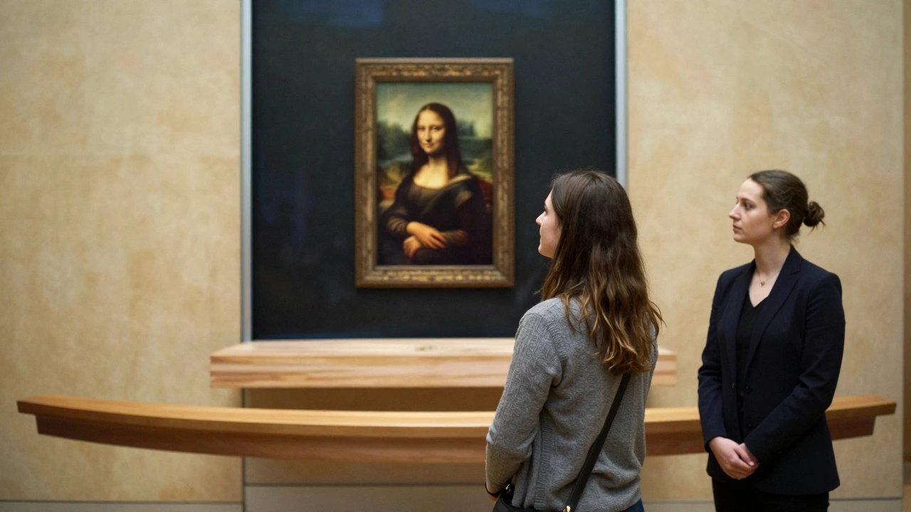 A traveler enjoys the Mona Lisa in peace, with a discreet escort nearby during a private museum tour.