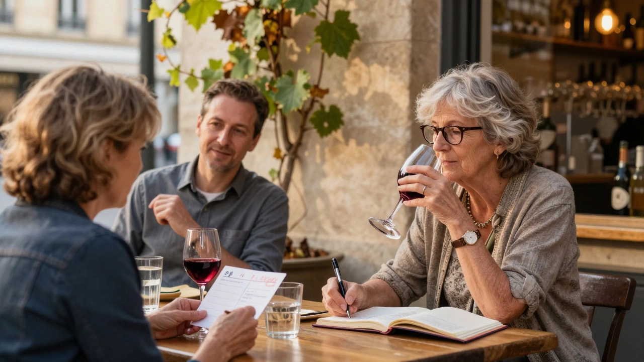 An older woman writes a postcard at a Bordeaux bistro, accompanied by a supportive escort in quiet solidarity.