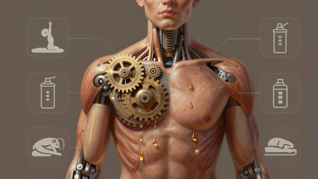 Human body depicted as a finely tuned machine with glowing muscles and care symbols.